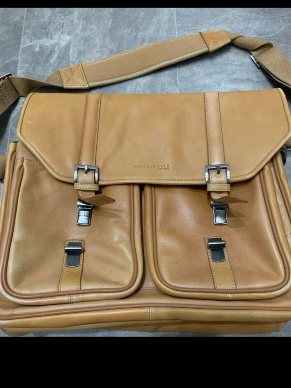 Kenneth Cole Cognac Leather Messenger Bag with Front Buckle Pockets